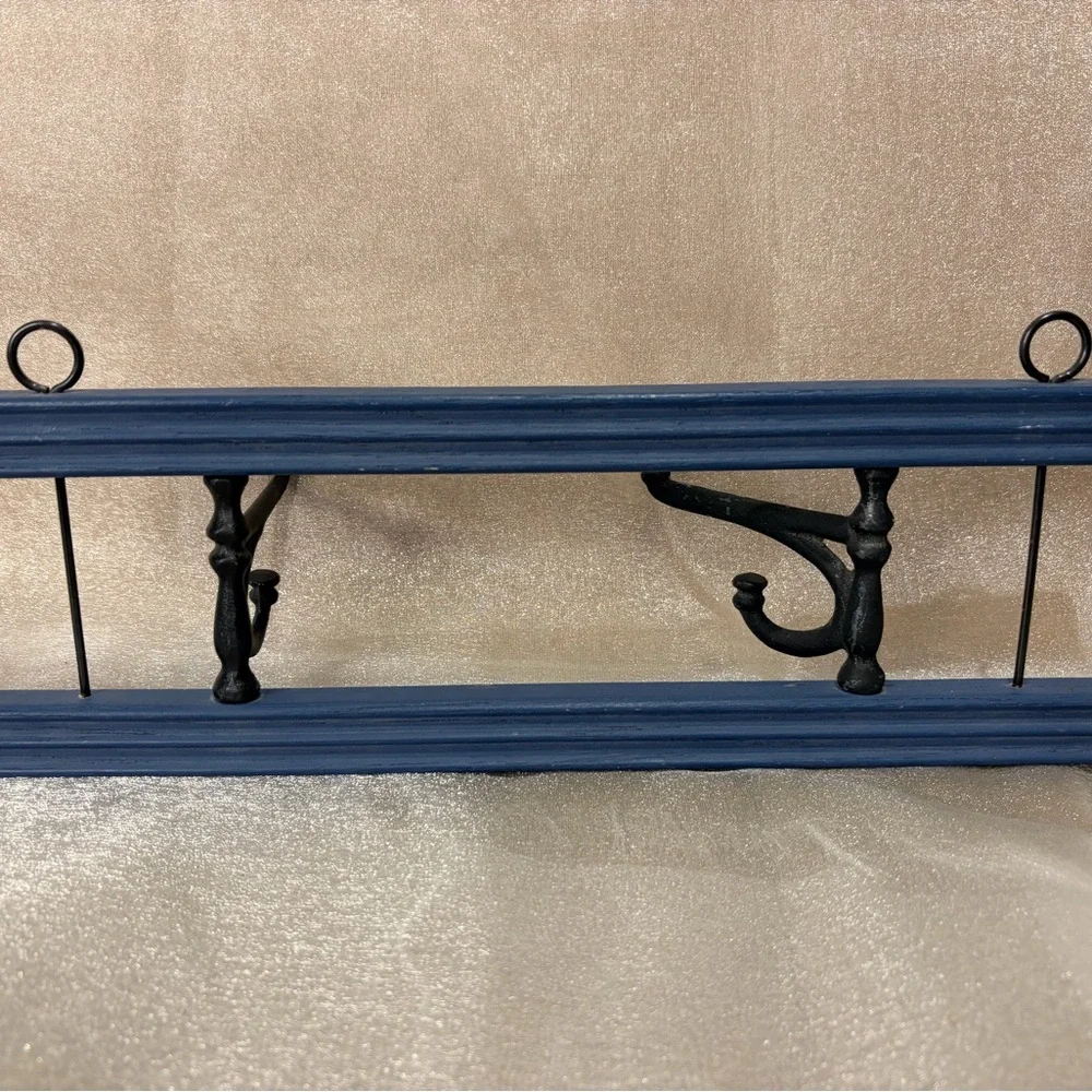 Blue Vintage Wall-Mounted Coat Rack with Black Metal Hooks